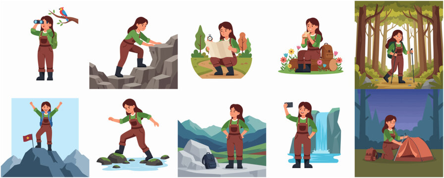 Cute Cartoon Woman Hiker Adventure in Nature and Mountain Illustration