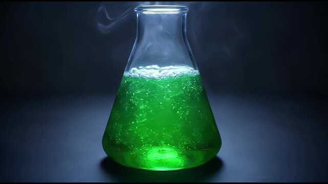 A flask chemistry with green liquid bubbling smoke for science experiment laboratory poison