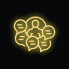Neon icon glowing yellow of a person surrounded by speech bubbles communicating