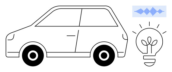 Naklejka premium Electric vehicle concept. Electric vehicle, innovation by light bulb, and sound wave for technology integration. Electric mobility, environmental sustainability, and smart energy. Ideal