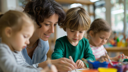 Fototapeta premium Faceless children and an adult doing creative craft projects together at a bright table in an art room, defocused background, kids art project concept, parent-teacher creativity,