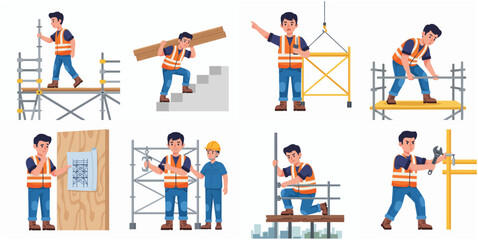 Fototapeta premium Detailed Flat Style Worker Construction Scaffolding Activities Set Illustration