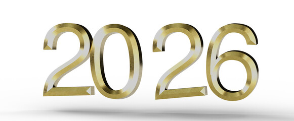 Stunning 3D rendered golden 2026 isolated on white, perfect for new year greetings and festive designs. Ideal for events © vegefox.com