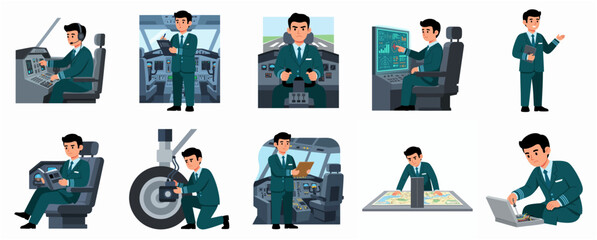 Cartoon Style Airplane Pilot in Various Poses Illustration Set © Haimura