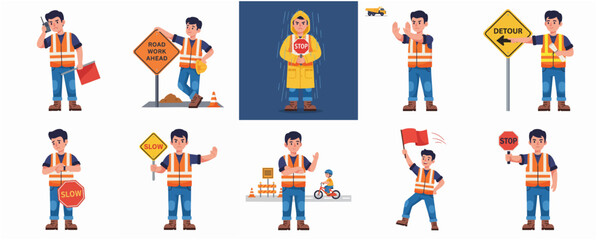 Fototapeta premium Cartoon Road Construction Worker Set Illustration with Traffic Sign and Equipment