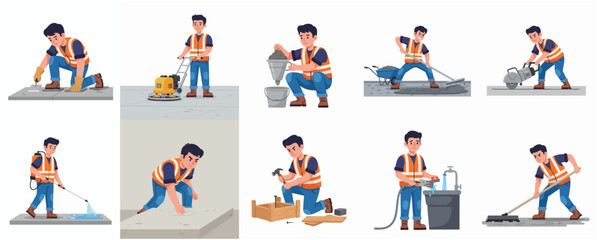 Simple Style Worker Character Construction and Road Repair Operation Process Icon Set
