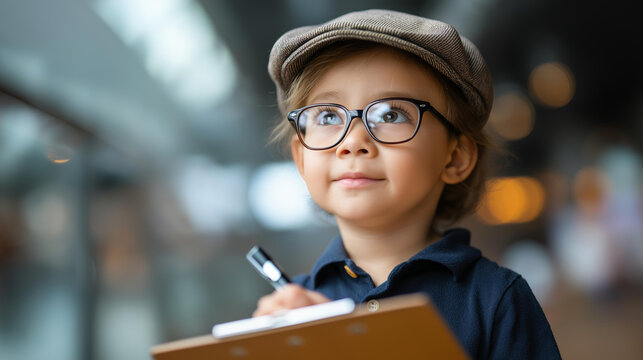 Young child wearing glasses and a cap holding a clipboard and pen, pretending to do business research with a thoughtful upward gaze, defocused background, future career concept,