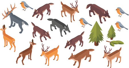 Obraz premium Isometric woodland animals set, deer wolves birds and pine trees forest wildlife illustration collection