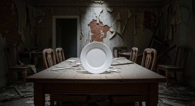Single White Plate Centered on Dusty Dining Table in Abandoned Room