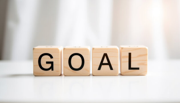 Wooden cube blocks arranged to spell GOAL on a white surface with soft curtain light for business goal background and banner design