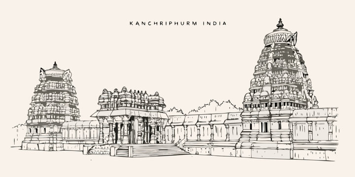 Sketch of kanchipuram india temple gopurams with intricate detailing