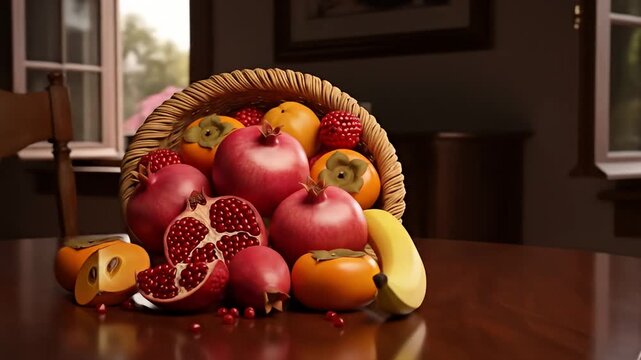 A cornucopia overflowing with fresh pomegranates, persimmons, and bananas on a wooden table, symbolizing abundance and harvest.