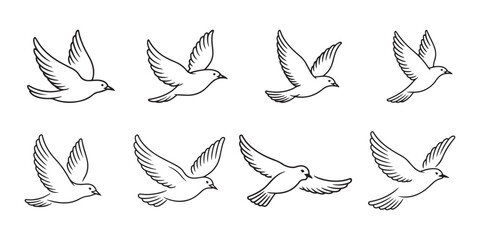 Fototapeta premium Flying Dove Bird Illustrations. Multiple Poses Set for Freedom, Peace, and Hope Symbolism.