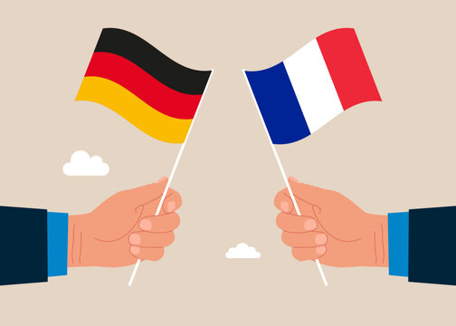 Bilateral political relations. Two flags of friendship. Businessmen united between Germany and its friendly countries France. Flat vector illustration.