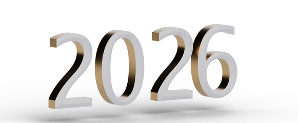 3D render of the year 2026 in metallic numbers. Isolated on a white background with a shadow. Ideal...