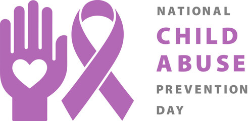 National child abuse prevention day awareness banner with purple ribbon and hand heart icon