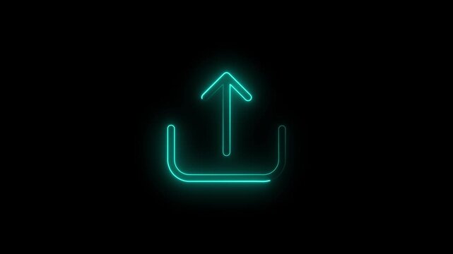 A vibrant cyan neon upload symbol with a glowing effect set against a dark black background, representing digital data sharing, cloud connectivity, and modern technology.