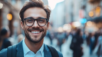 Fototapeta premium Happy confident man with glasses smiling in city street