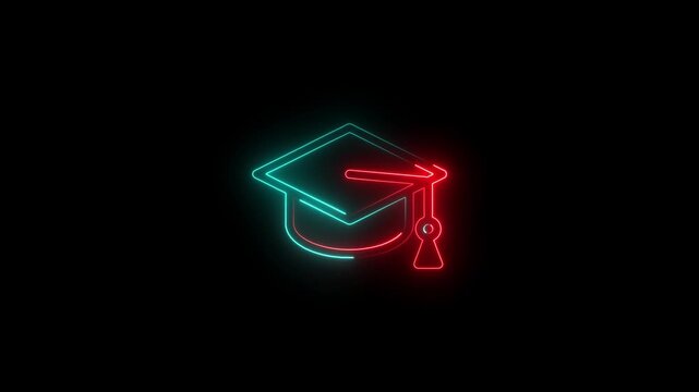 Neon Glowing Graduation Cap Icon on Black Background. Modern Digital Education and Achievement Concept. Cyan and Red Glowing Mortarboard Symbol for Online Learning and Graduation Ceremony.