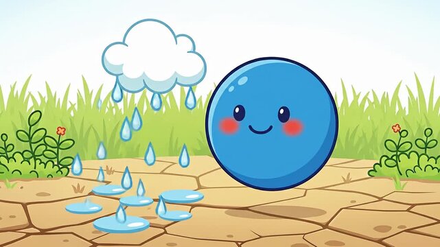 Cute blue water drop character with cloud raining on dry cracked earth.