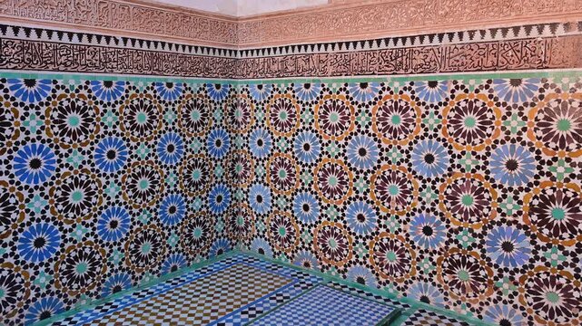 Zellige tilework details inside the Saadian Tombs in Marrakesh, Morocco