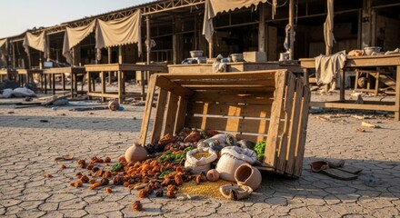 Overturned Wooden Crate Spilling Produce at Outdoor Market