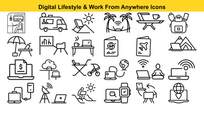 Digital lifestyle and work from anywhere icons, representing modern flexibility and remote work concepts. This illustration is perfect for conveying themes of digital nomadism, freedom. © Nur