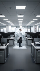 Surreal Analysis Paralysis: Figure Standing Completely Encased in Clear Ice Block in Middle of Clean Office, Colleagues' Empty Desks Around, B2B
