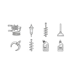Outline Icons of Plumbing Equipment: Drain Cleaners, Plunger & Tools