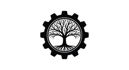 A striking black design features a gear encompassing a tree symbolizing growth and mechanics presented as a silhouette © Ajahar