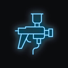 Obraz premium Blue neon icon of a spray gun glowing on a black background