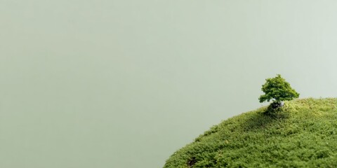 Fototapeta premium Small Green Sapling Growing on Mossy Hill representing sustainable business growth and net zero ecology on a minimalist forest background with copy space for text