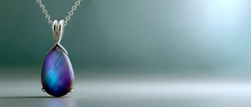 Elegant silver necklace with teardrop labradorite pendant in blue and purple tones on soft gradient background