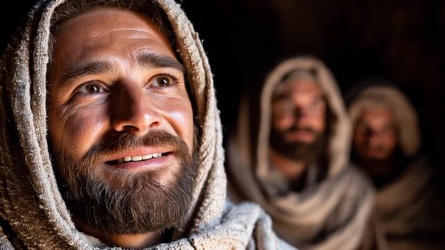 Jesus is surrounded by his disciples.