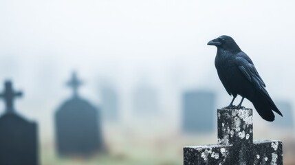 Fototapeta premium Raven stands on tombstone in foggy graveyard during early morning hours