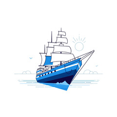 Obraz premium Blue sailing ship on the sea, vintage boat, travel, adventure, ocean, sun