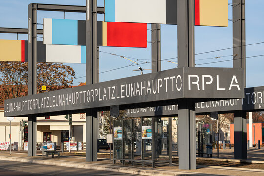 Telephoto view of the &ldquo;Leuna at the Main Gate&rdquo; tram stop at the entrance to the Leuna chemical site in central Germany, Saxony-Anhalt. Large industrial complex