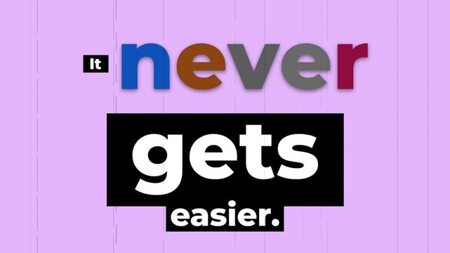 Animated It never gets easier gym motivation quote on purple ideal for fitness lifestyle and perseverance concepts