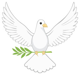 Fototapeta premium Cartoon illustration of a white dove with olive branch symbol of peace.