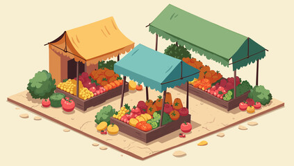 A warmly lit isometric illustration of fresh fruits and vegetables evokes a sense of abundance and healthy living. Ideal for food blogs, market advert