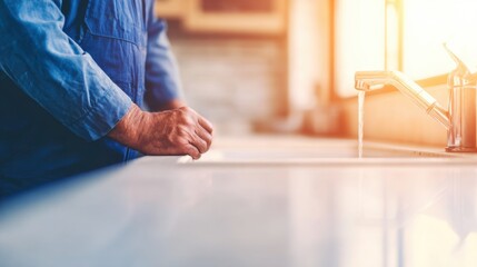 Person washes hands at a sink in a kitchen during afternoon light