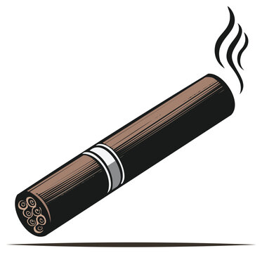 Illustrated cigar with smoke, brown and black tones, vector design.