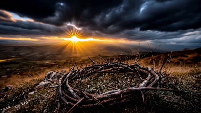 A crown of thorns lies on the rocky ground at sunset.