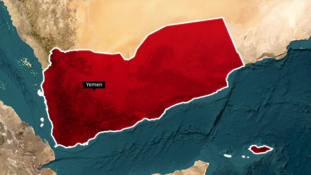 Yemen map highlighted animation. Country location marked with red overlay on geographic terrain background