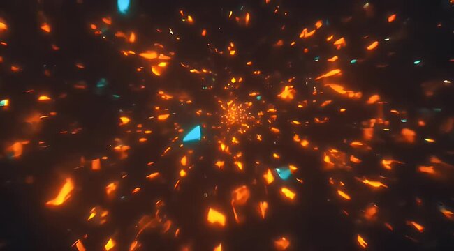 Swirling abstract particles of orange and blue light against a dark background