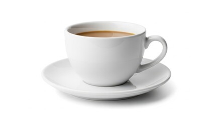 Fototapeta premium A simple elegant white ceramic mug filled with steaming latte coffee on a matching saucer