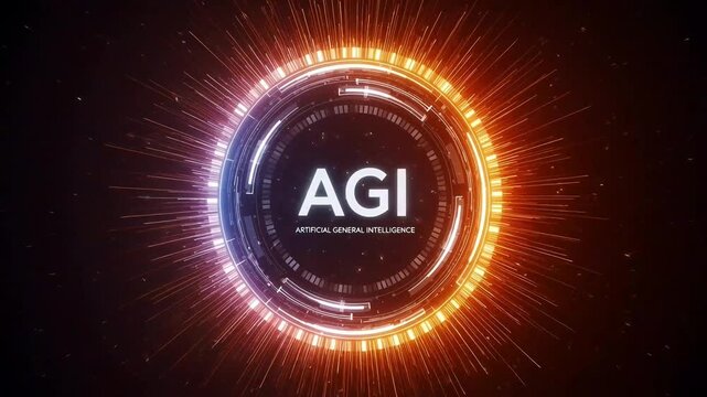 Artificial General Intelligence Concept AGI Neon Circle with Light Rays on Dark Background Technology and Innovation