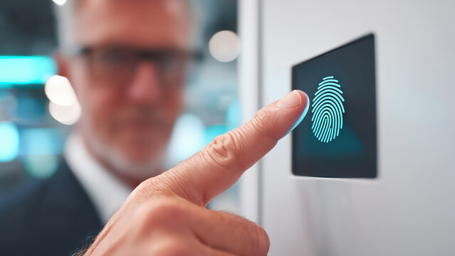 Caucasian man presses glowing fingerprint sensor for access. Biometric authentication for security system. Digital identity verification.