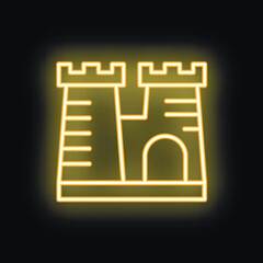 Fototapeta premium Bright neon yellow medieval castle sign is glowing on a black background