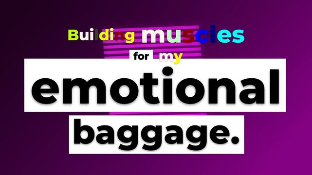 Animated text Building muscles for my emotional baggage on purple background with neon lines a gym motivation quote
